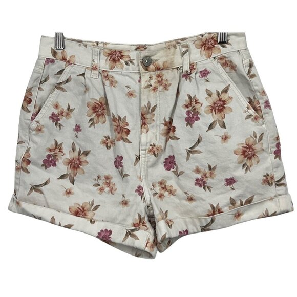 American Eagle Floral Mom Shorts White Pink 6 Cotton Denim Jeans Cuffed Hem EUC - Picture 1 of 10